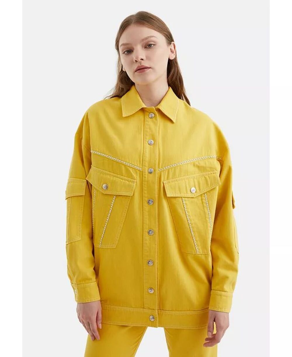 NWT Nocturne Womens Jacket Yellow Button Up Oversized Embellished Long Sleeve XS